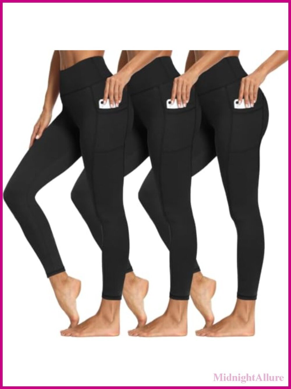 3-Pack High-Waisted Leggings with Pockets, Tummy Control, 92% Polyester 8%